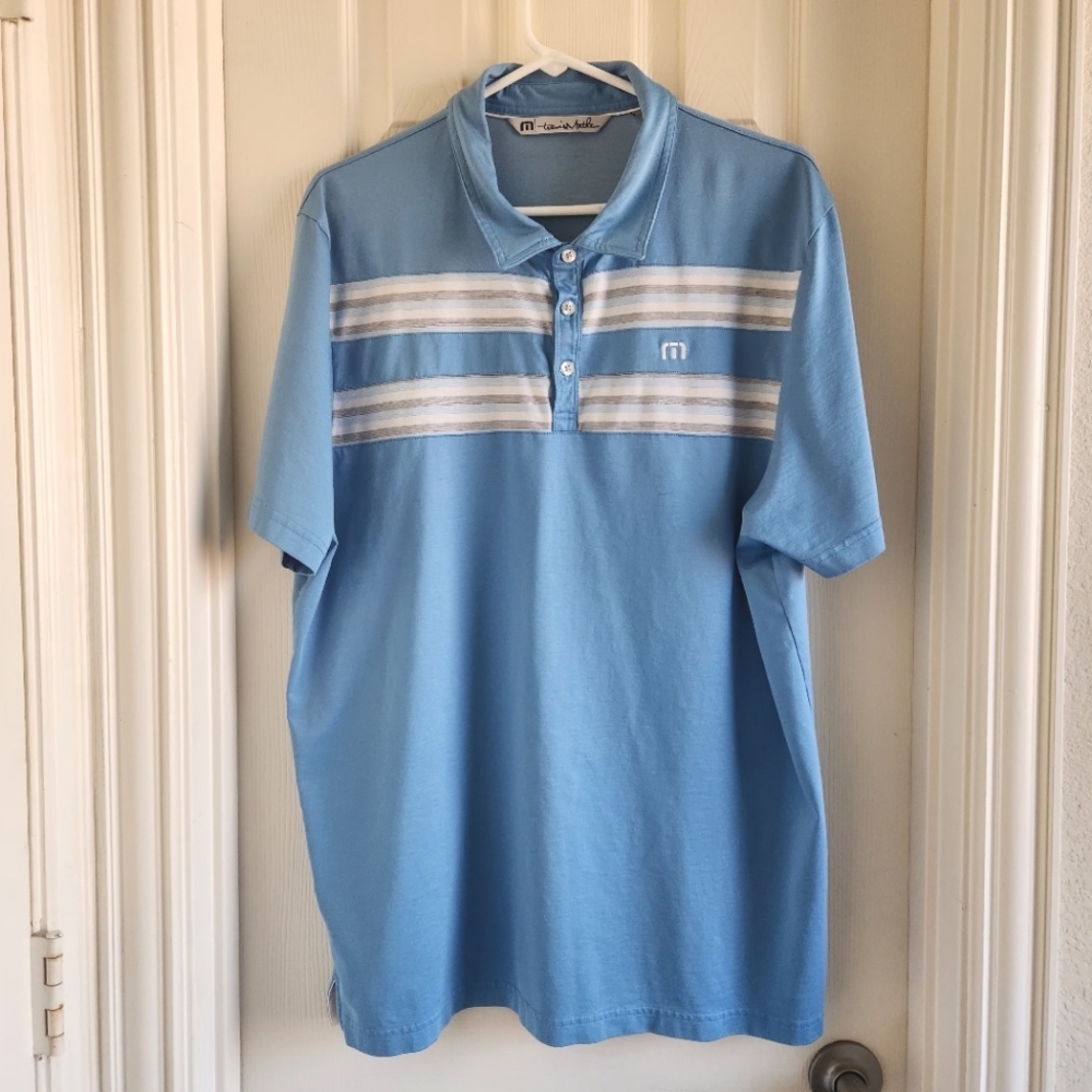 Travis Mathew Polo Shirt Mens XL Blue Stripe Golf Performance‎ Stretch